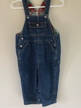 Baby Gap Denim Overalls 6-12 Months Plaid Lined Snap Leg 2000s 100% Cotton
